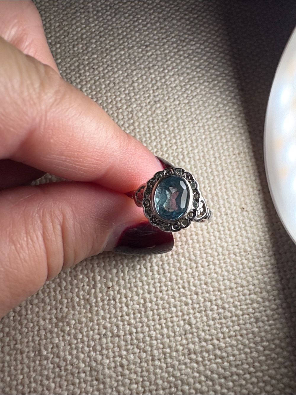 Vintage-Style White Gold Ring with Blue Topaz Oval Gem and Diamonds